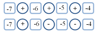 Rekke en: Negativ 7 pluss negativ 6 pluss negativ 5pluss negativ fire. Rekke to: negativ 7 pluss negativ 6 minus negativ 5 minus negativ 4.