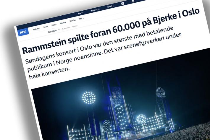 Faksimile fra nrk.no: Rammstein spilte for an 60 000 tilskuere på Bjerke i Oslo.