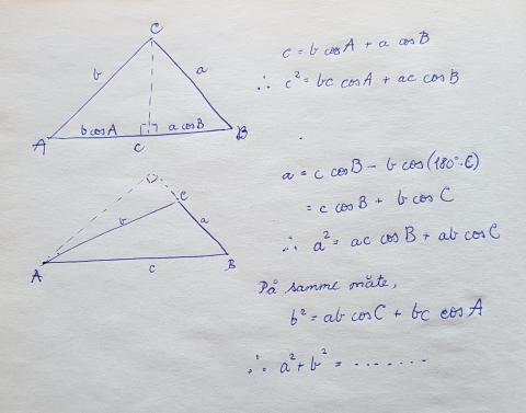 To trekanter med regnestykke ved siden av, bruker Pytagoras 